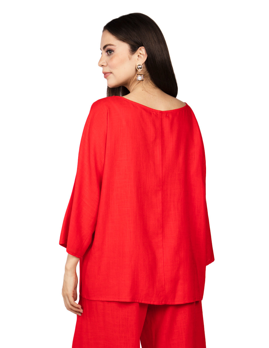 Blusas Para Mujer Bluson Manga 3/4 Tipo Lino N51147 Rojo