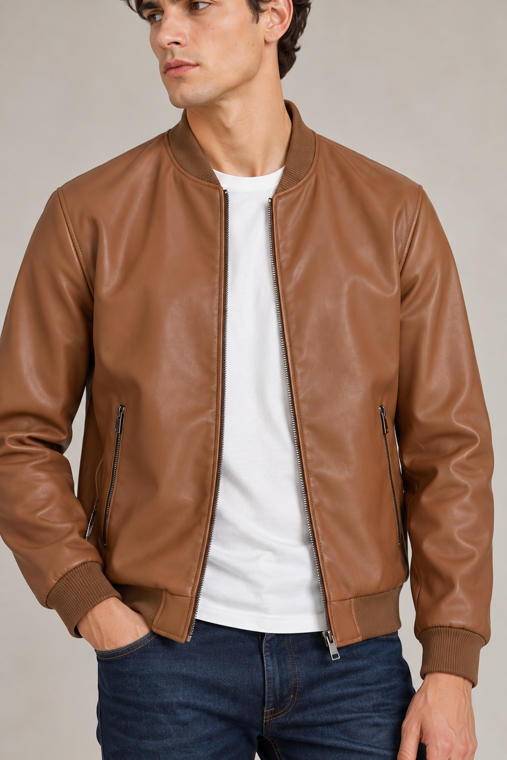 Chamarras Para Hombre Bomber Tipo Piel Cierre Frontal D45306 Camel