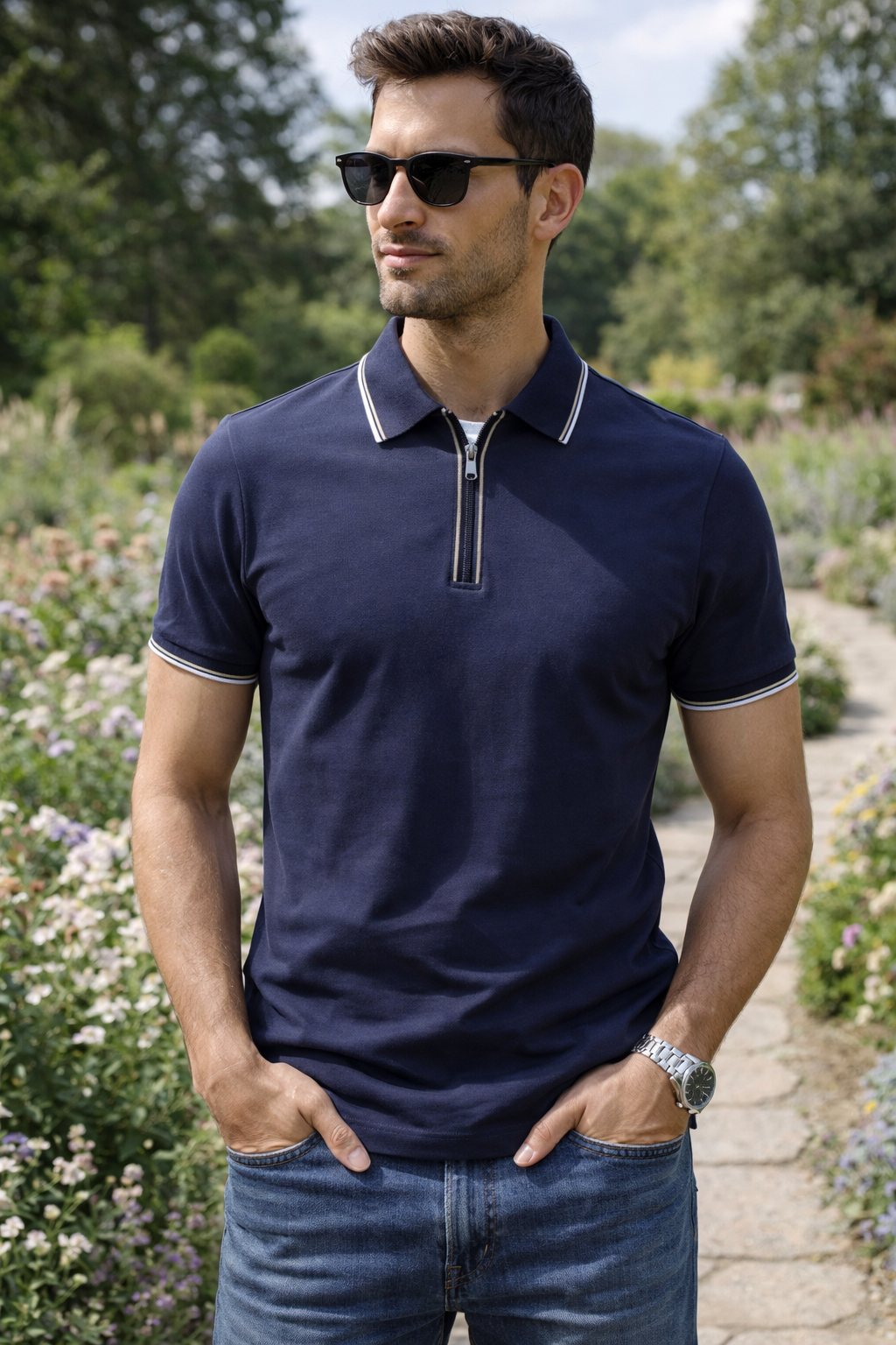 Playera Polo para Hombre Casual con Cierre Stretch Antiarrugas A61415 Marino