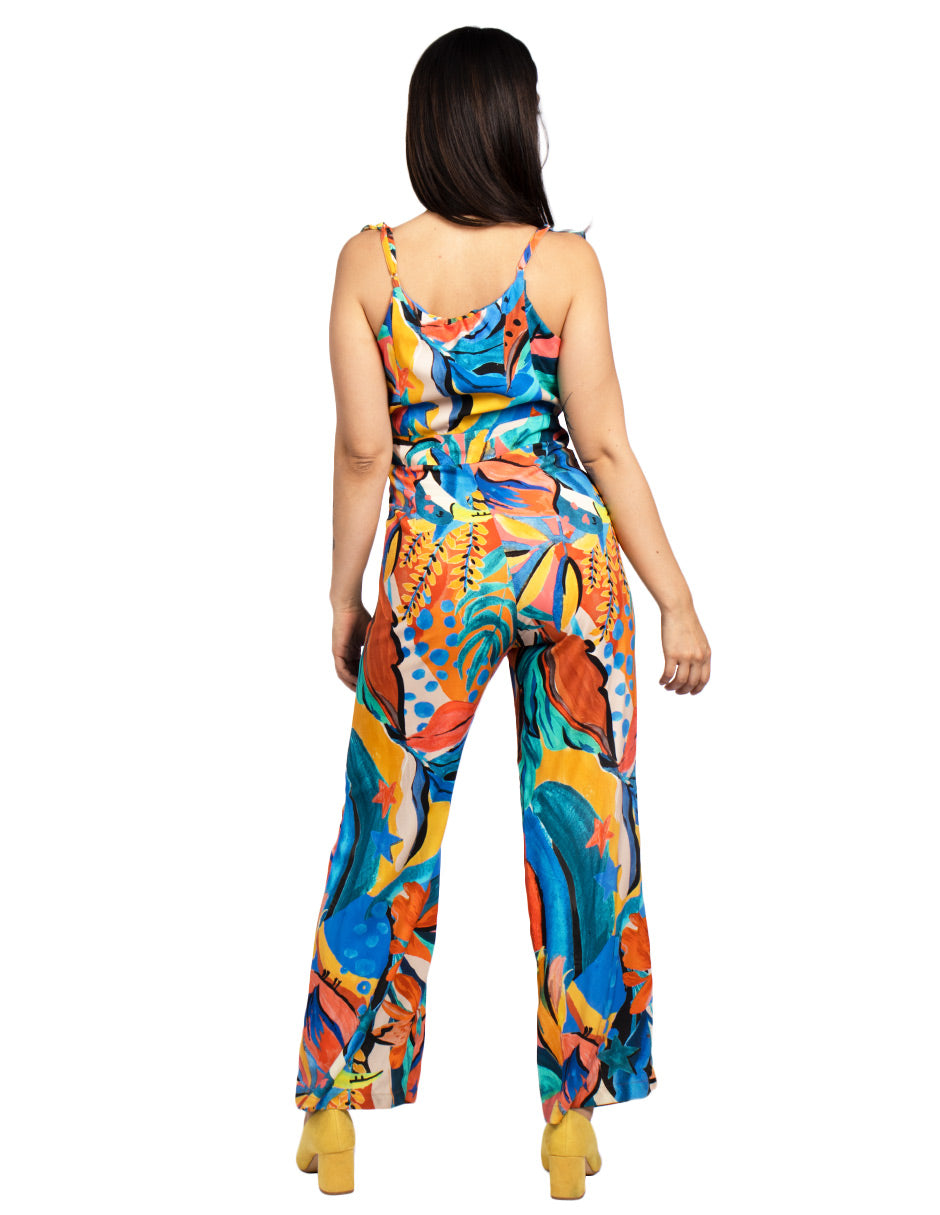 Jumpsuits Para Mujer De Tirantes Con Olanes Estampado Tropcal W41137 Unico
