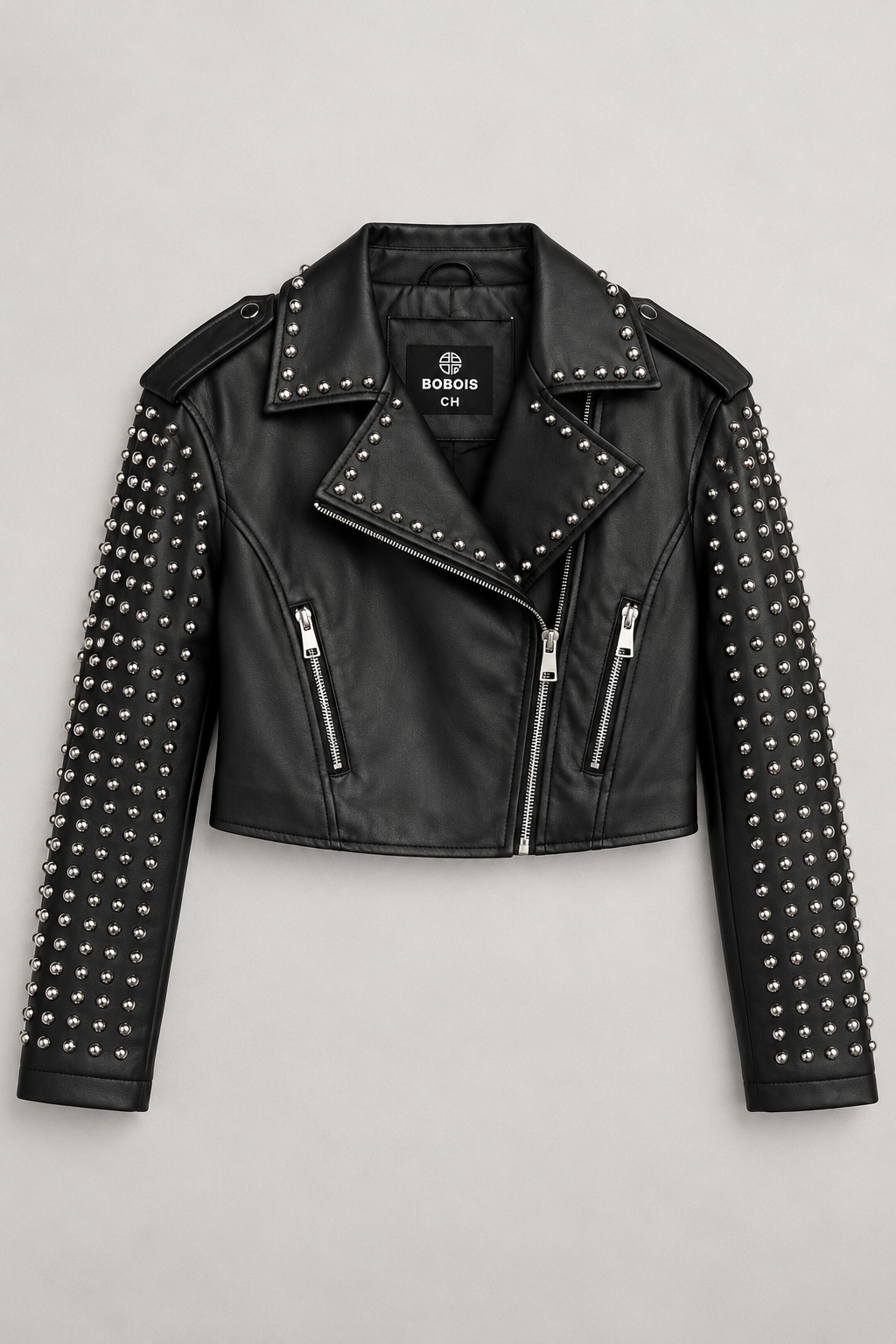 Chamarras Para Mujer Biker Estoperoles Plateados Q43201 Negro