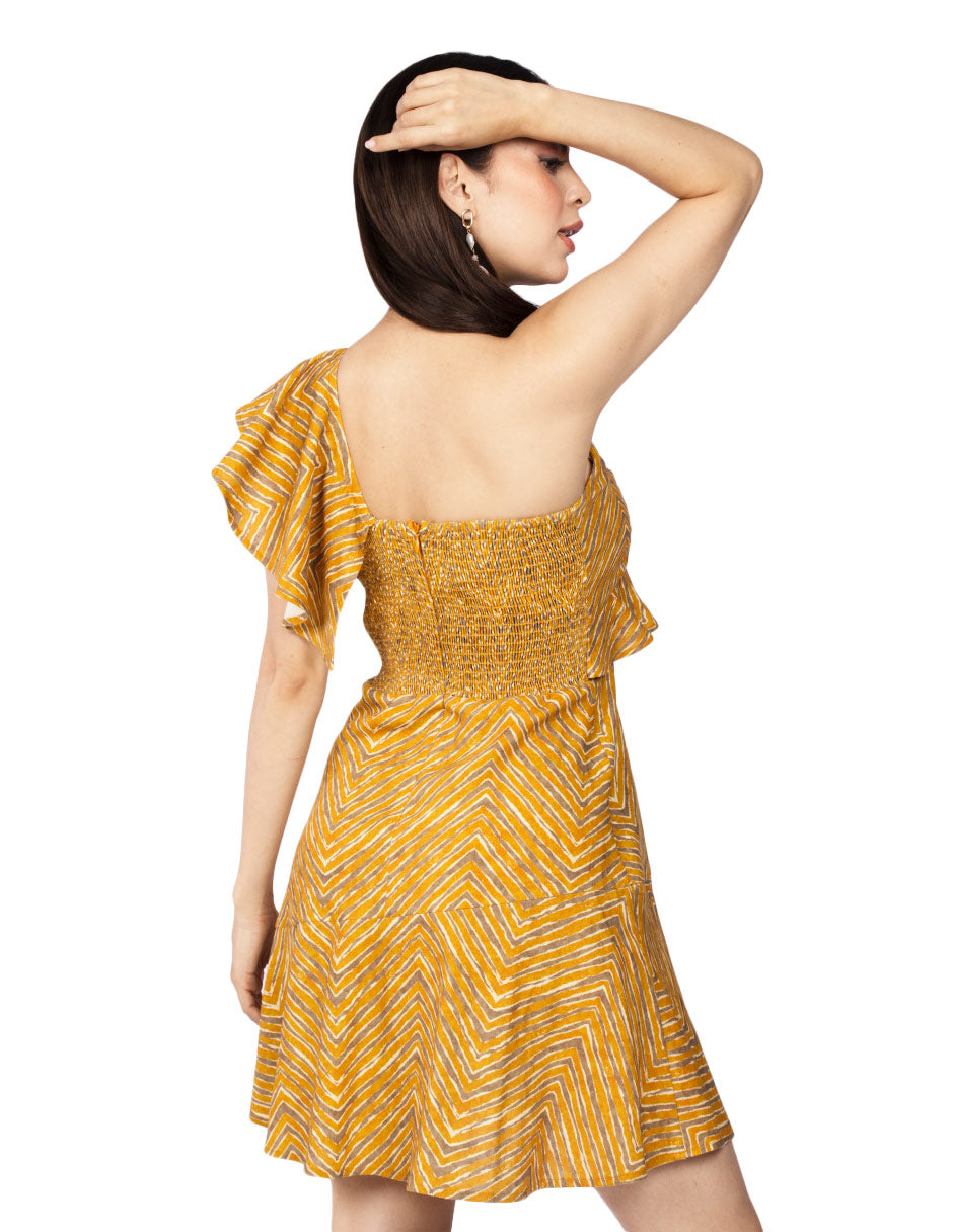Vestidos Para Mujer Corto Asimetrico S51139 Mostaza/Beige