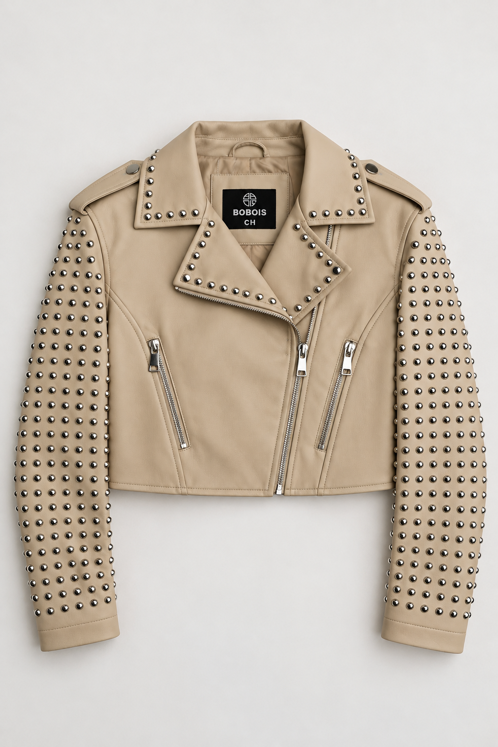 Chamarras Para Mujer Biker Estoperoles Plateados Q43201 Beige