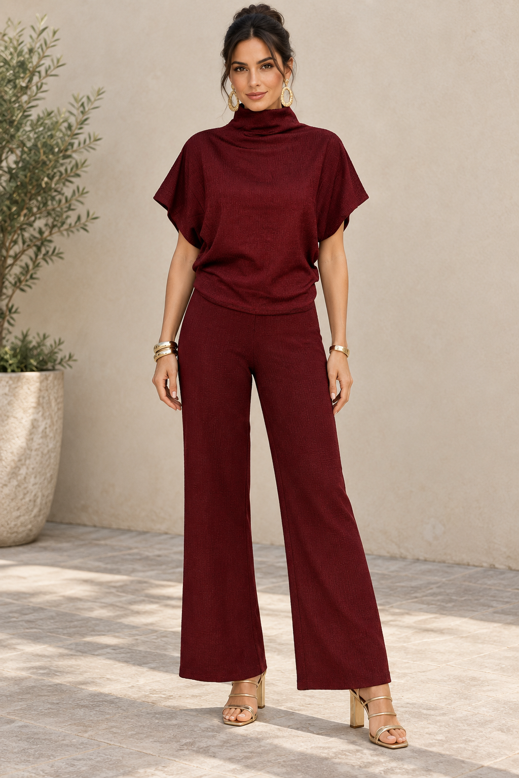 Blusas Para Mujer De Tejido Texturizado Con Cuello Alto Tipo Murciélago N63125 Vino