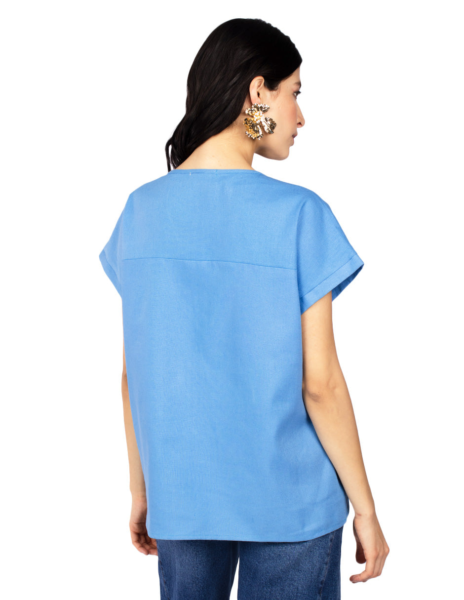 Blusas Para Mujer Tipo Lino Basico Ovesize N51154 Azul