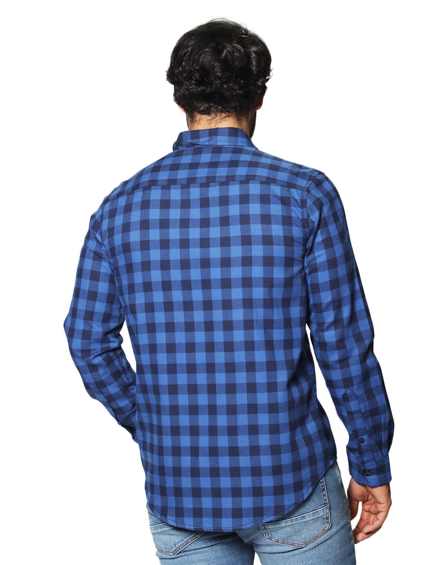Camisas Para Hombre Bobois Moda Casuales De Manga Larga Con Estampado De Cuadros Regular Fit B35228 Azul