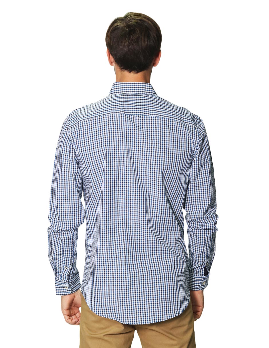 Camisas Para Hombre Manga Larga Cuadros Bicolor B45203 Azul