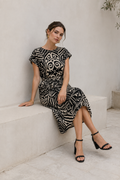Vestidos Para Mujer Midi Estampado con Nudo S63105 Negro/Hueso