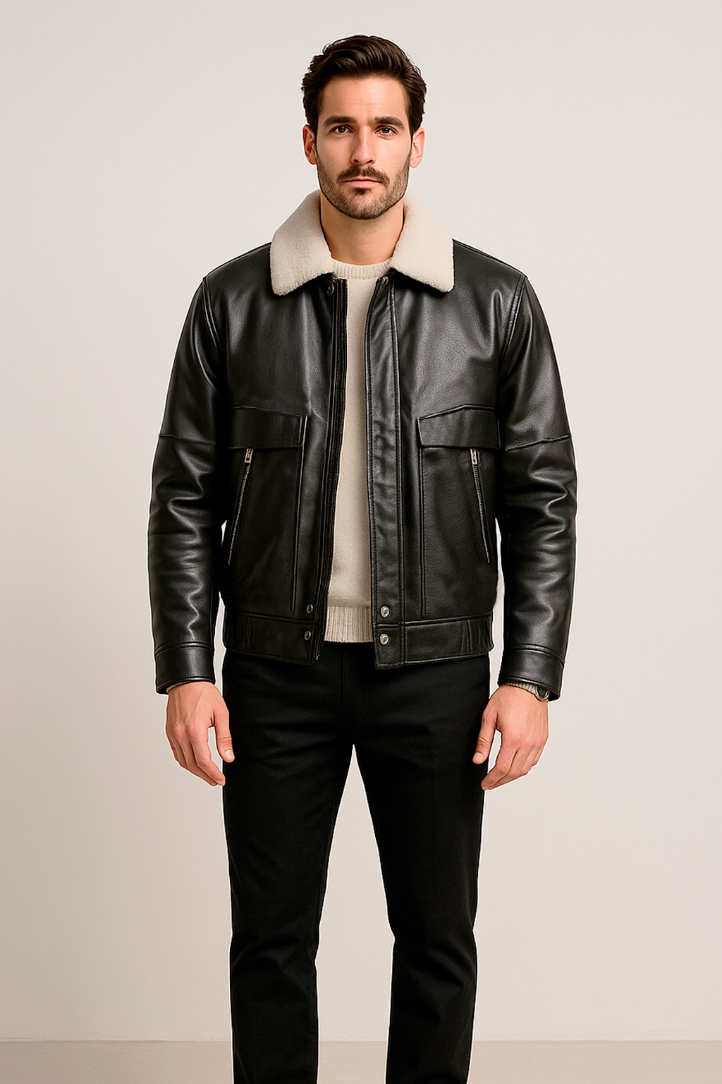 Chamarras para Hombre Tipo Piel Cuello Sherpa D45310 Negro