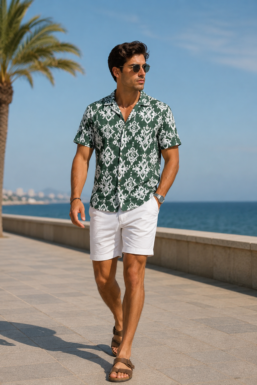 Camisas Para Hombre Manga Corta Estampada Para Playa B61554 Verde