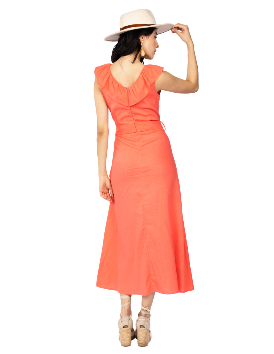 Vestidos Para Mujer Con Cinto Estilo Lino S51114 Coral