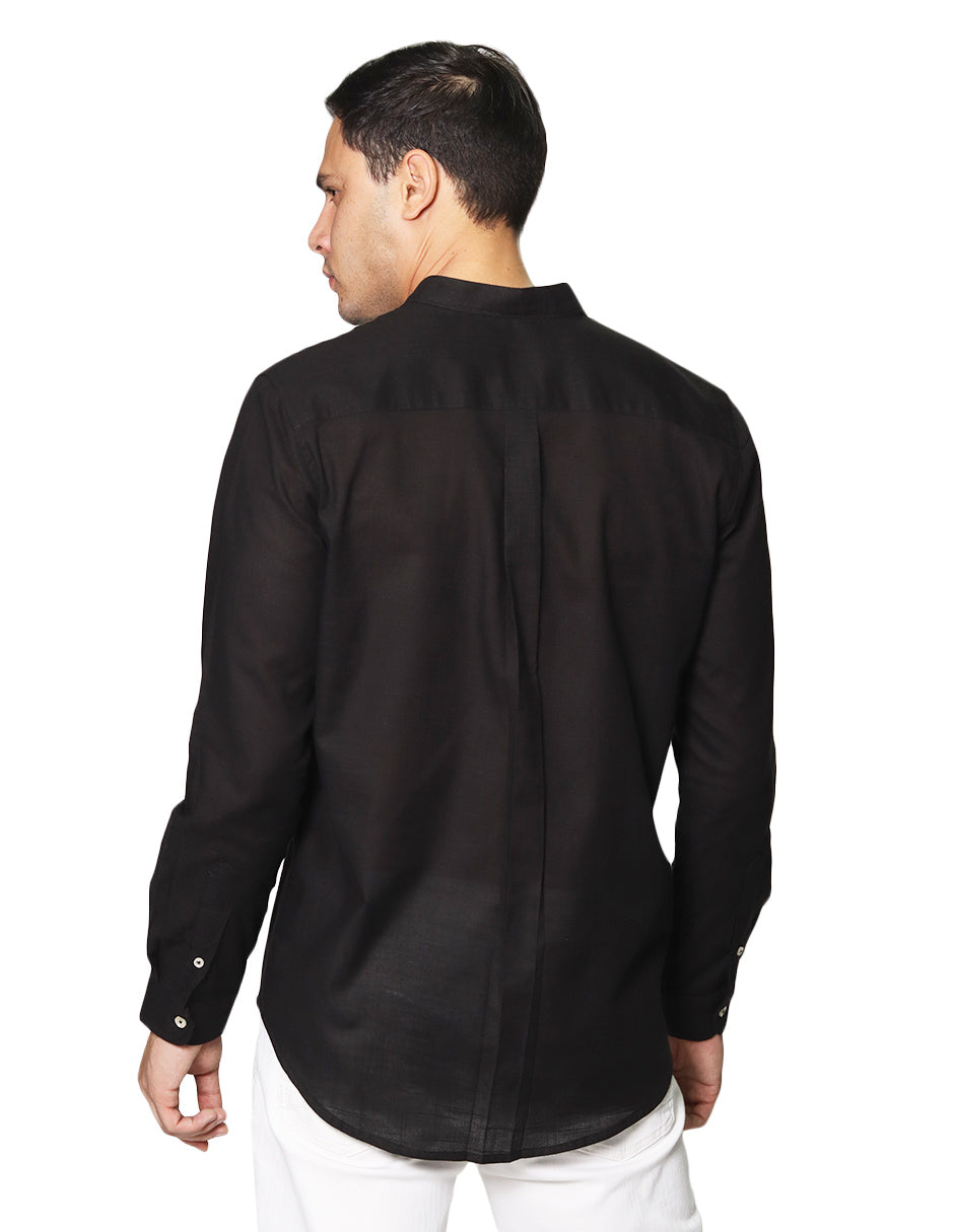 Camisas Para Hombre Tipo Lino De Manga Larga Cuello Mao Regular Fit BLINLO Negro