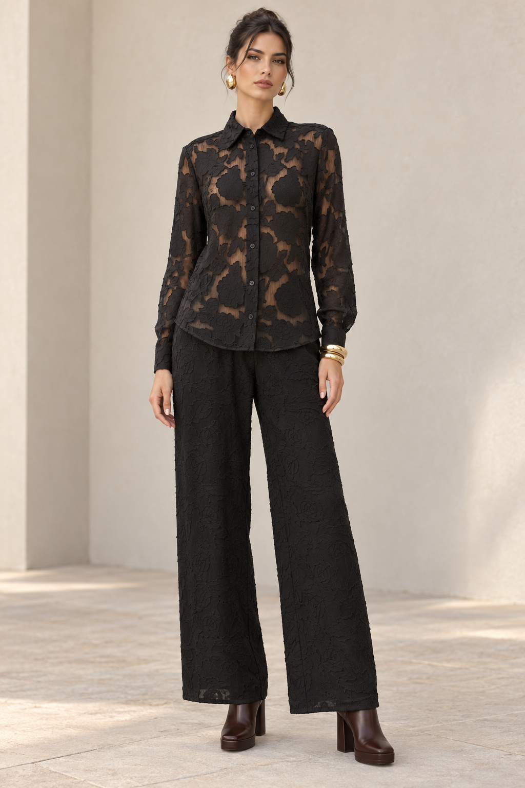 Blusas Para Mujer Jacquard Con Transparencia Y Diseño Floral N63107 Negro