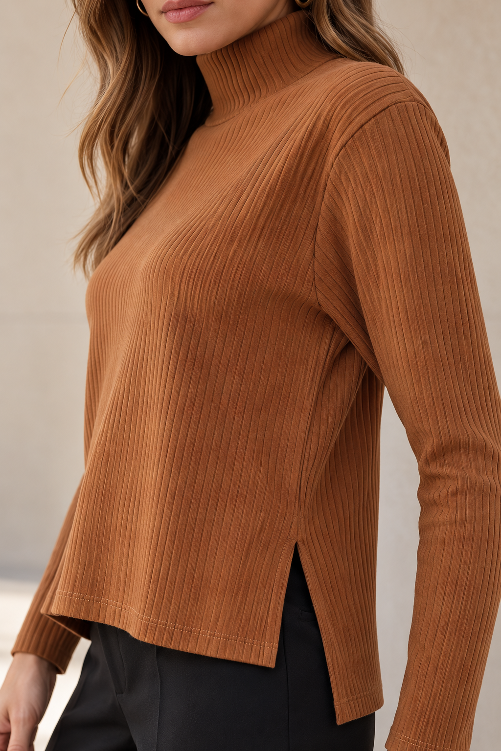 Blusas Para Mujer Acanalada Cuello Alto N43146 Ocre