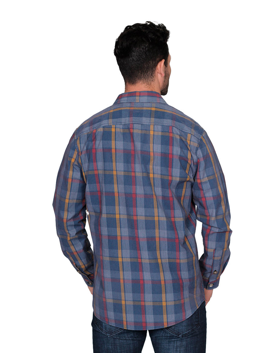 Camisas Para Hombre Bobois Moda Casuales De Manga Larga Tipo Pana Con Estampado De Cuadros Relaxed Fit B35123 Azul