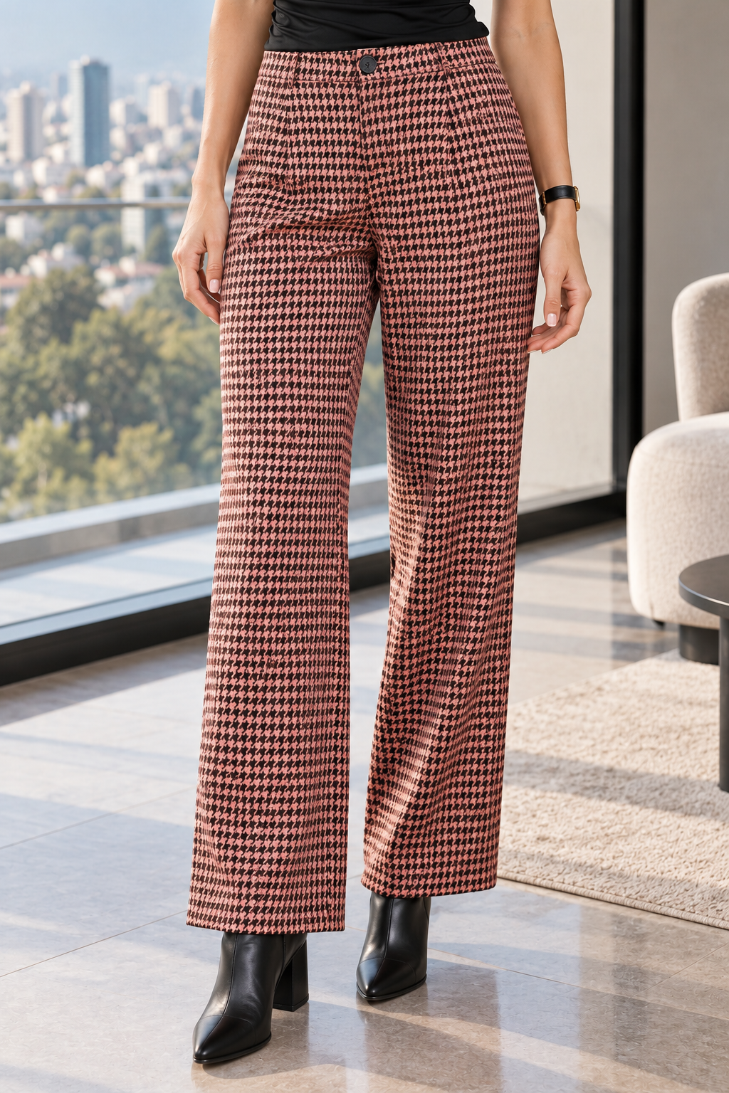 Pantalones Para Mujer Pata De Gallo Con Pinzas W53112 Rosa Palo