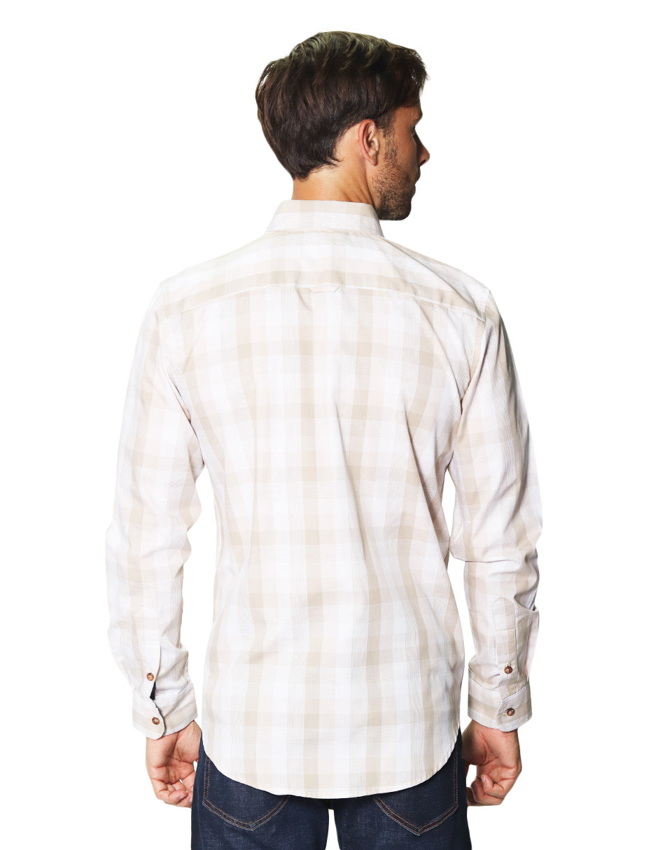 Camisas Para Hombre Manga Larga Cuadros B45105 Beige