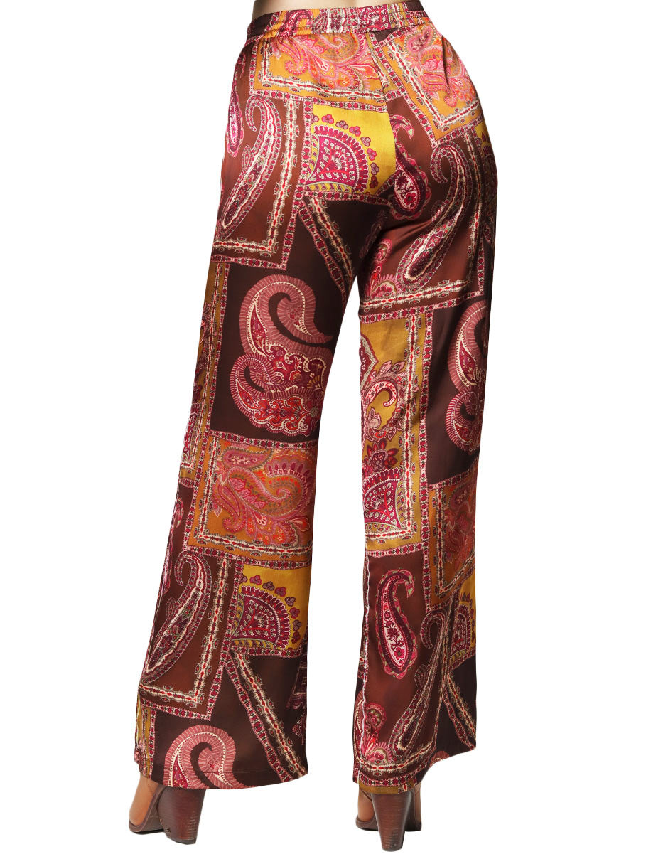 Pantalones Para Mujer Amplio Satinado Estampado Paisley W43114 Unico