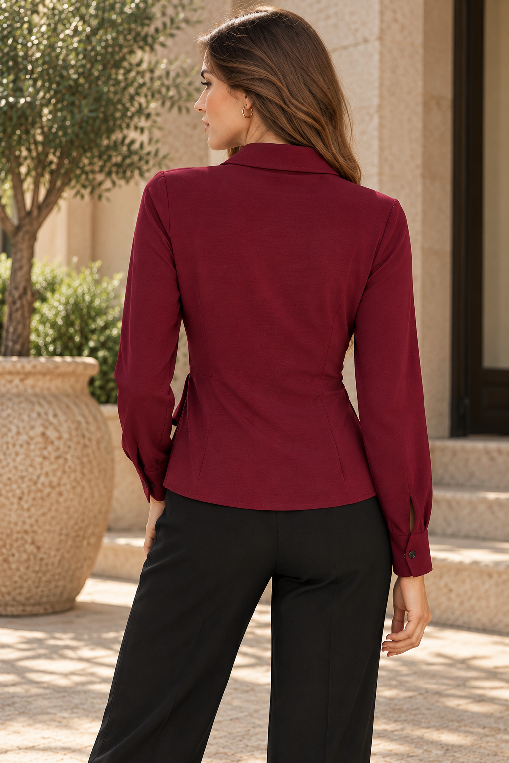 Blusas Para Mujer Tipo Camisa, Botones Frontales Y Diseño Cruzado Con Amarre N63133 Vino