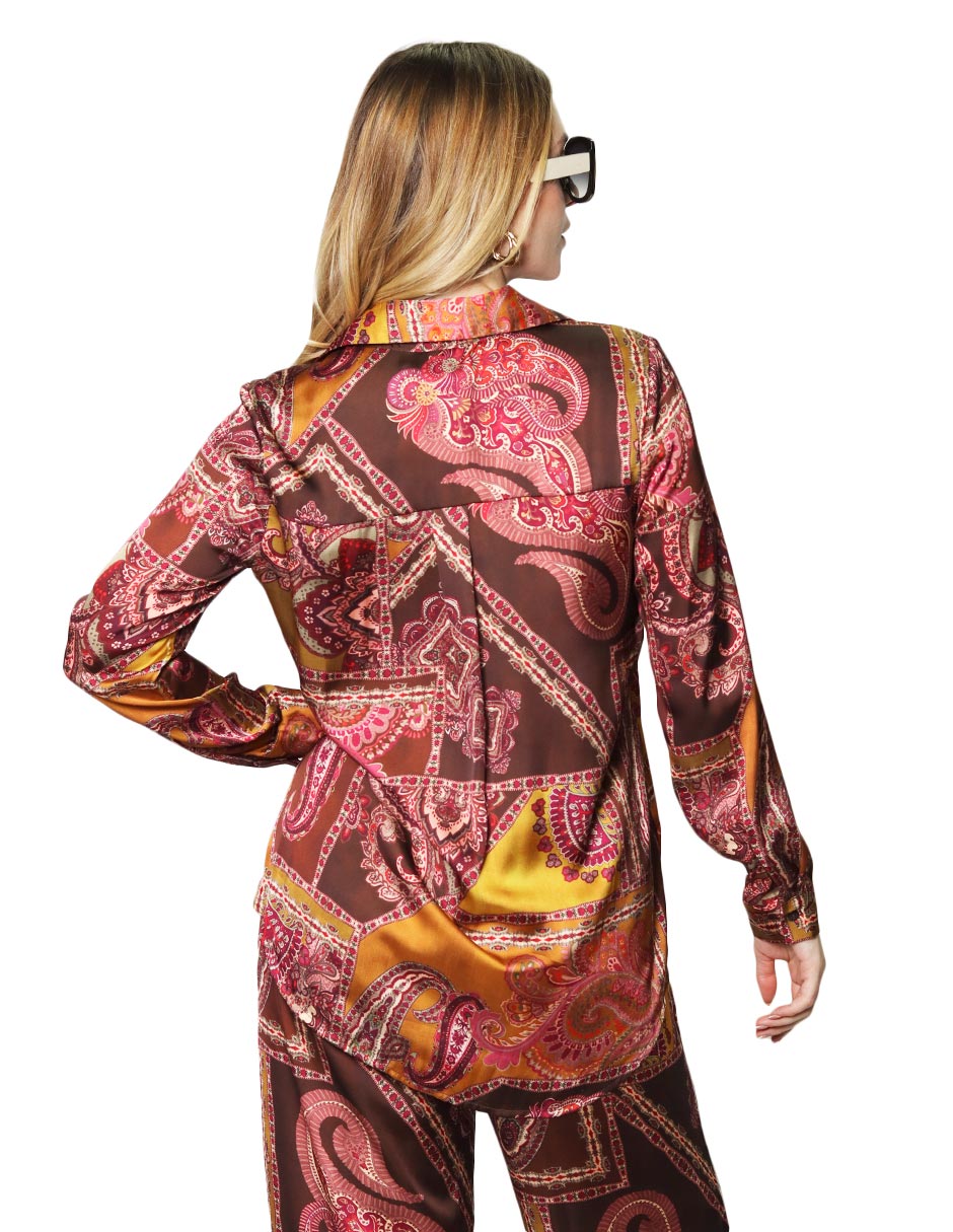 Blusas Para Mujer Camisera Satinada Estampado Paisley N43117 Unico