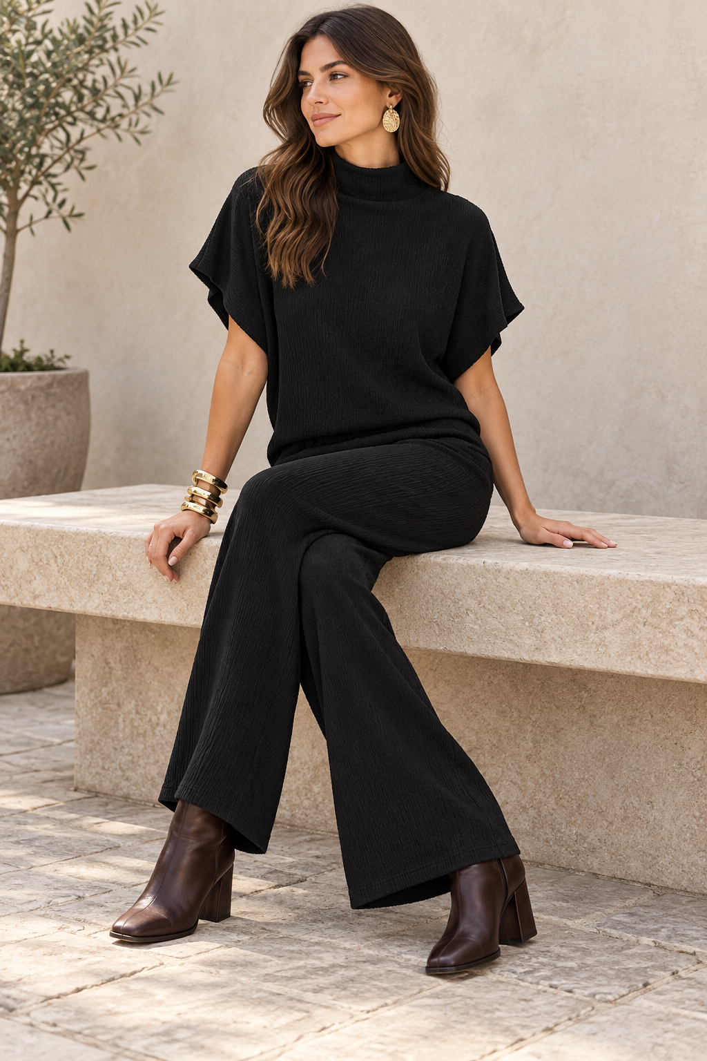 Blusas Para Mujer De Tejido Texturizado Con Cuello Alto Tipo Murciélago N63125 Negro
