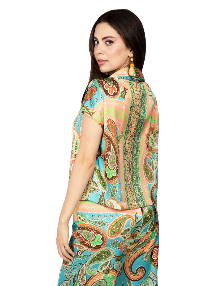 Blusas Para Mujer Camisera Paisley Satinada N51116 Turquesa