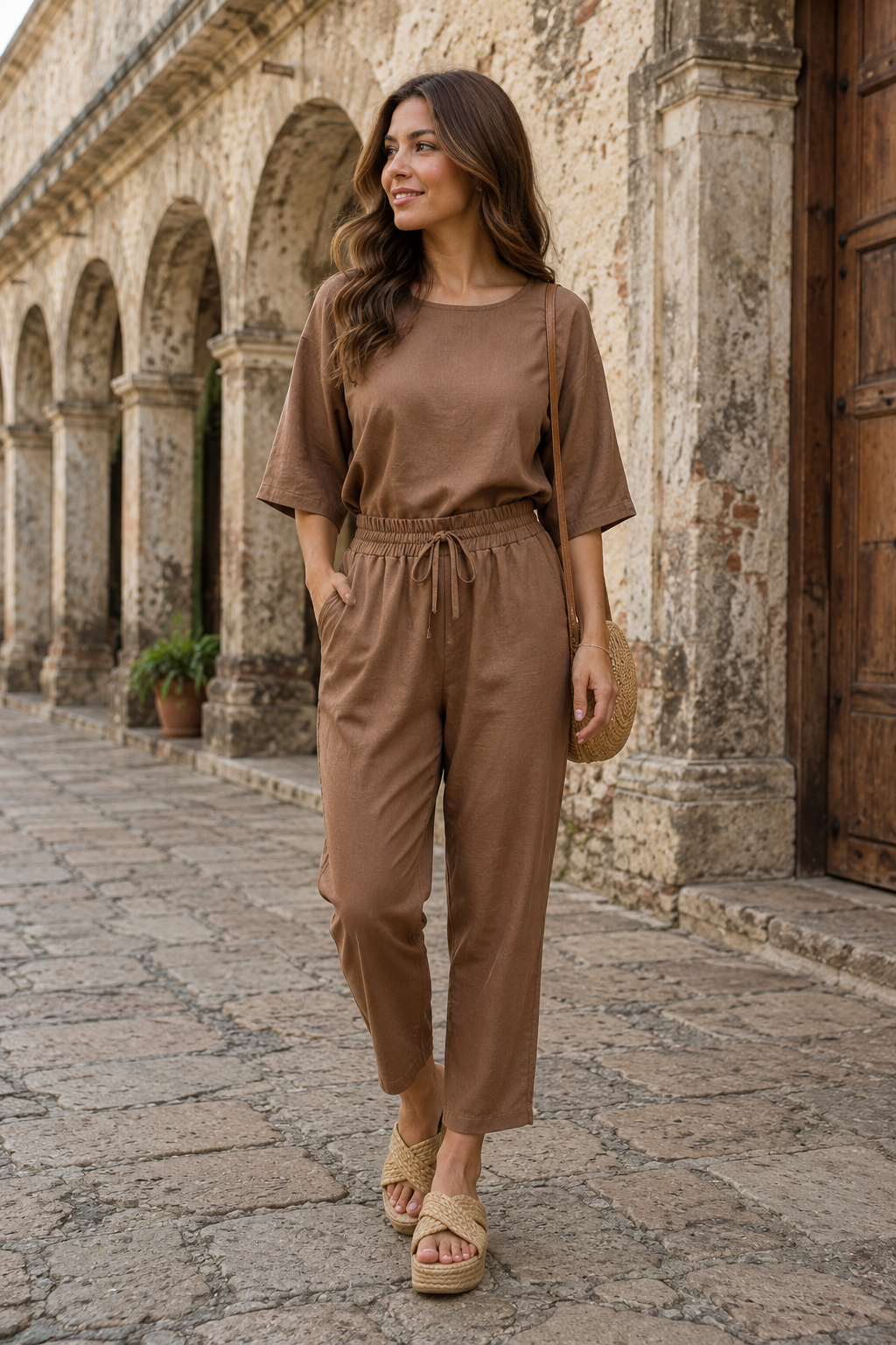Pantalones Para Mujer Liso Tipo Lino Con Jareta W61116 Cocoa