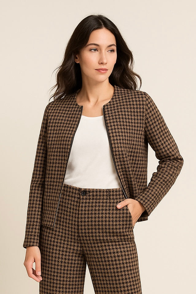 Chamarras Para Mujer Bomber Estampado Pata de Gallo Q53103 Moka