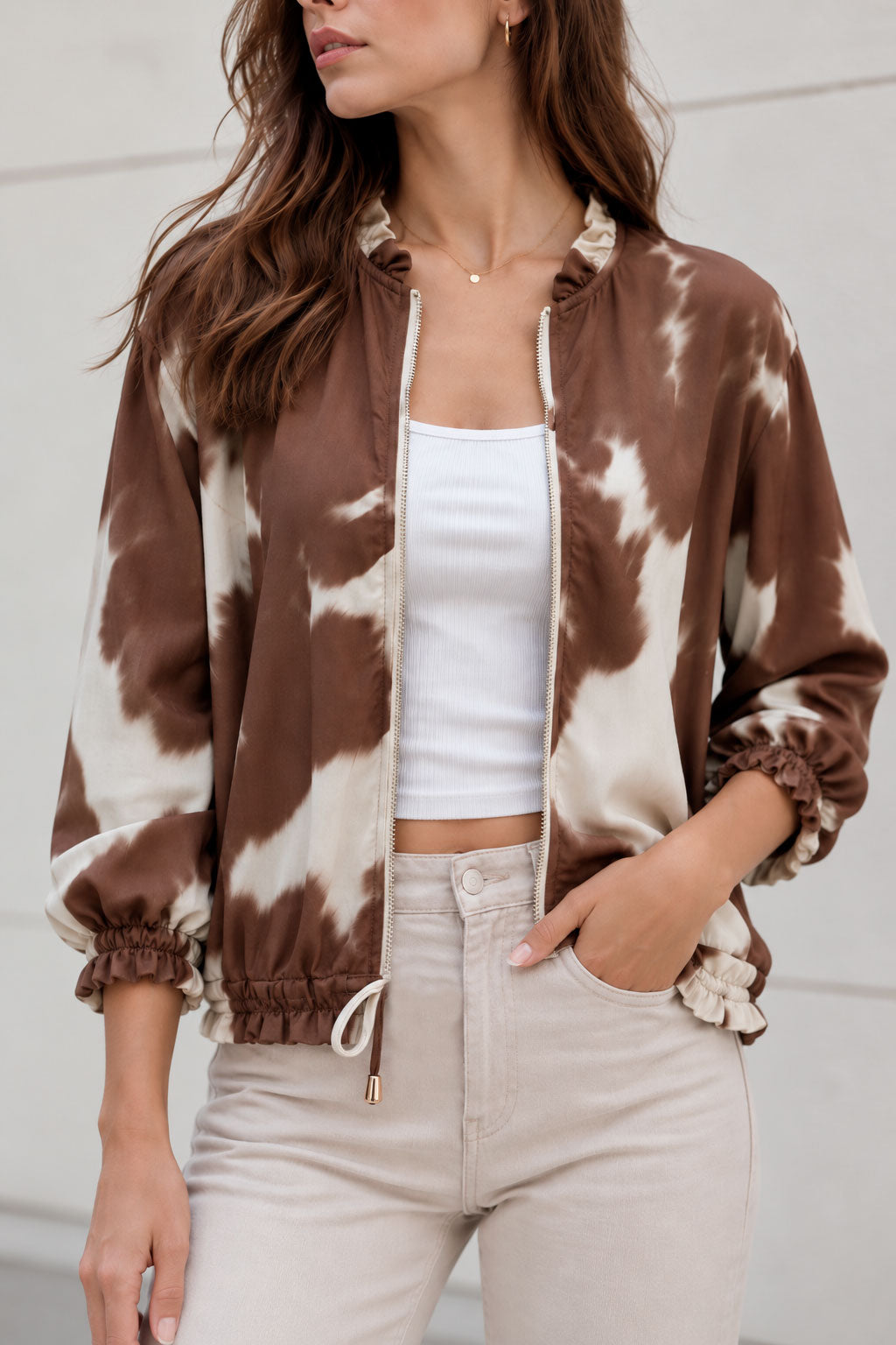 Chamarras Para Mujer Estampada Con Olanes, Cierre Frontal Y Manga Con Resorte Q63104 Unico