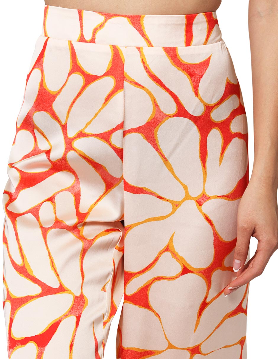 Pantalones Para Mujer Satinado De Tiro Alto Estampado De Flores W41112 Naranja
