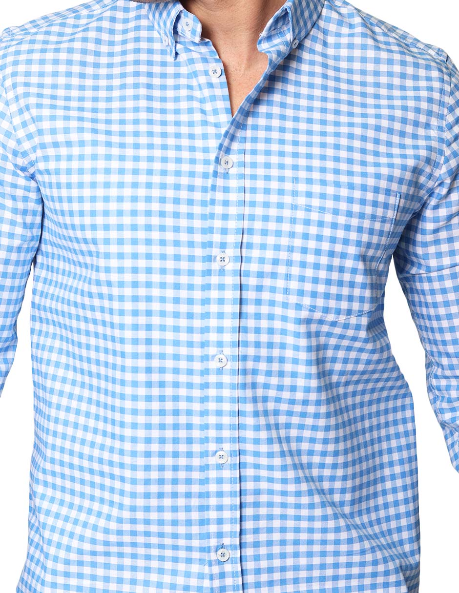 Camisas Para Hombre De Manga Larga Cuello Americano Con Estampado De Cuadros Slim Fit B41115 Cielo