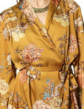 Kimonos Para Mujer Bobois Moda Casuales Japonés Midi Corto De Manga Larga Satinado Con Estampado Floral T33106 Ocre