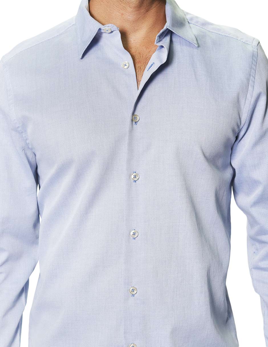 Camisas Para Hombre Manga Larga Micro Cuadros Jackard B45305 Azul