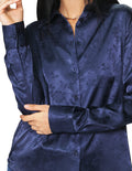 Blusas Para Mujer Bobois Moda Casuales Camisera Satinada Jacquard Con Estampado Floral De Manga Larga N41105 Marino
