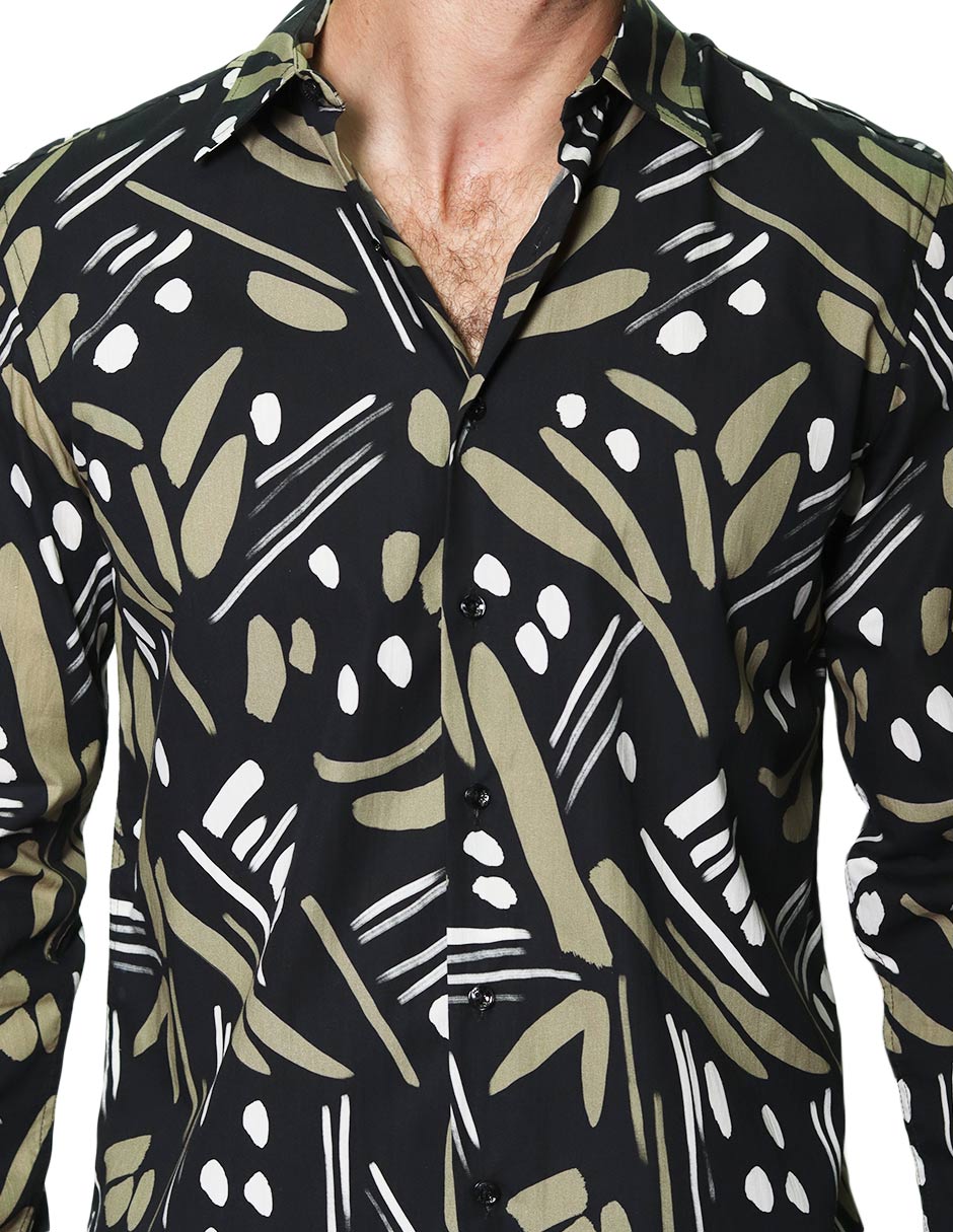 Camisas Para Hombre Manga Larga Estampado Abstracto B45527 Negro
