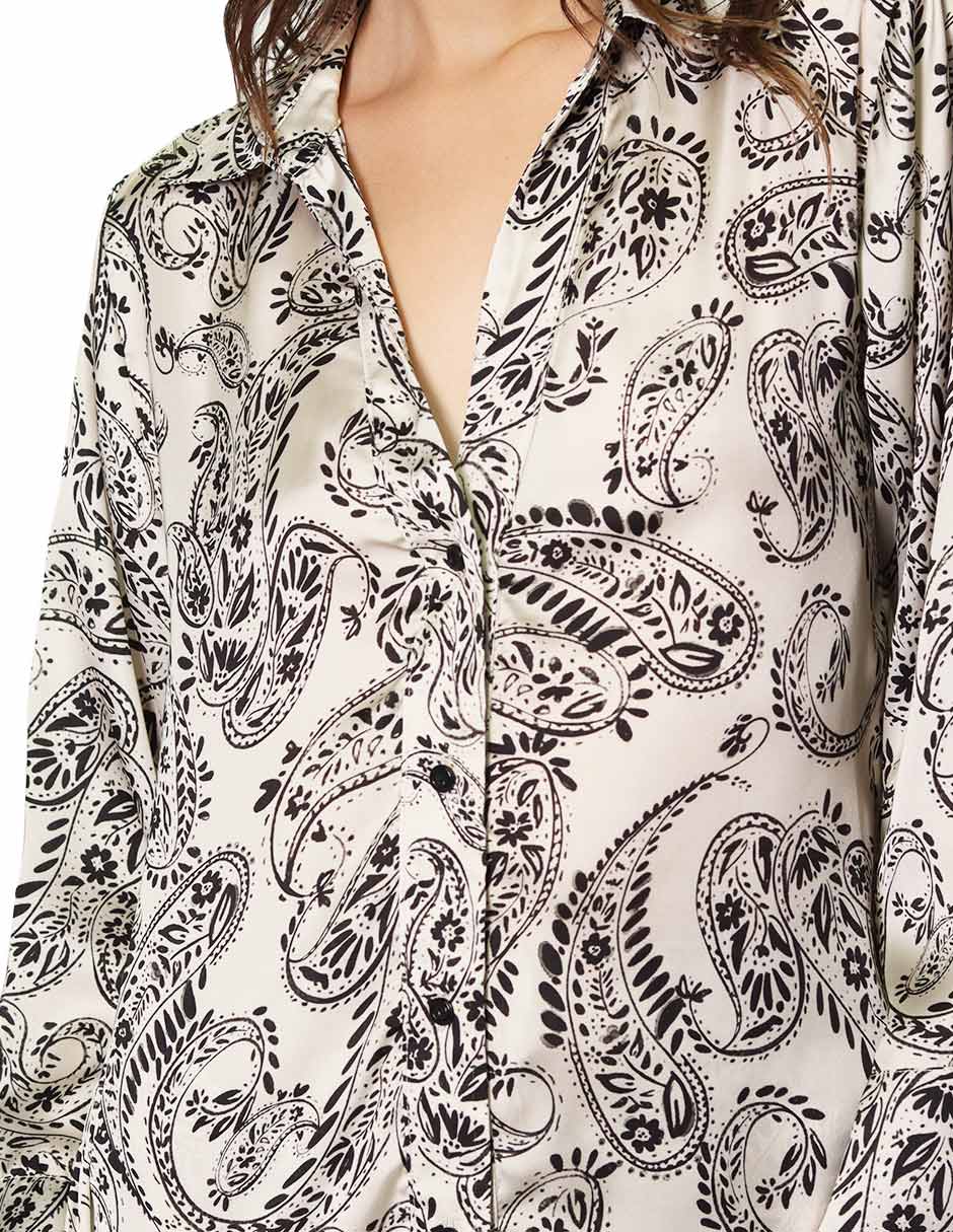 Blusas Para Mujer Satinada Manga Larga Estampado Paisley N43107 Unico