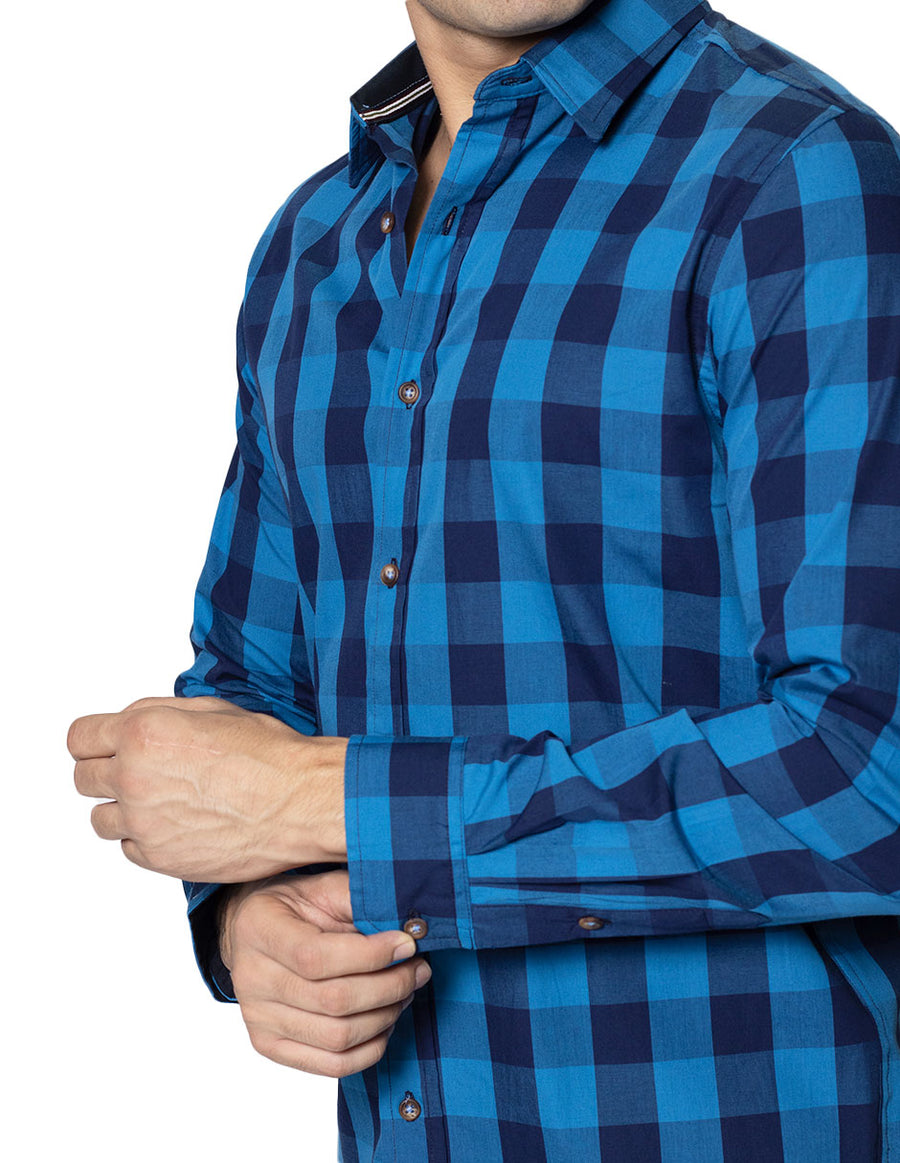 Camisas Hombre Bobois Casuales De Manga Larga Con Estampado De Cuadros De Algodón Slim Fit B35105 Azul