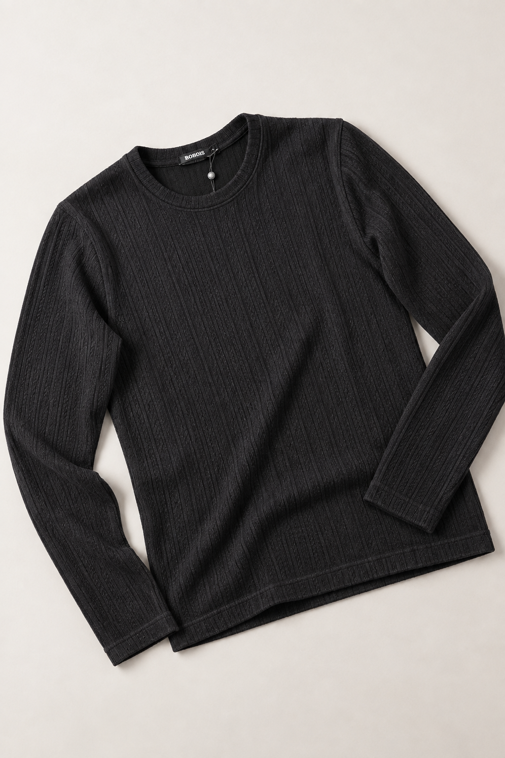 Playeras Para Hombre De Tejido Calado Acanalado Manga Larga A65314 Negro