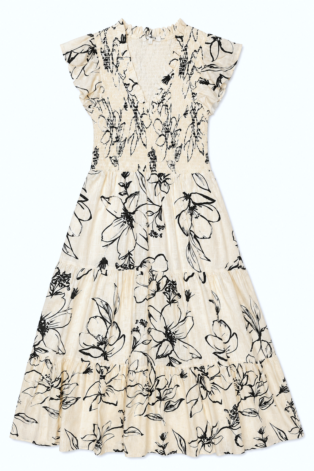 Vestidos Para Mujer Smok Con Olanes Estampado S61103 Hueso/Negro