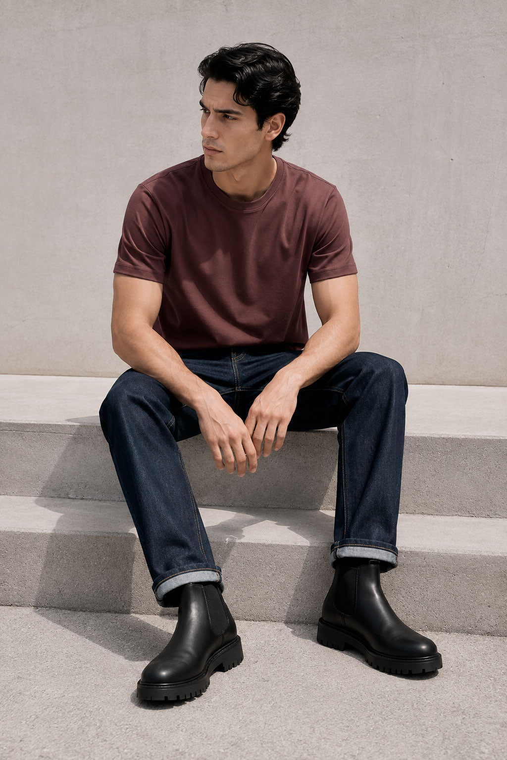 Playeras Para Hombre Básica De Cuello Redondo De Algodón A65401 Tinto