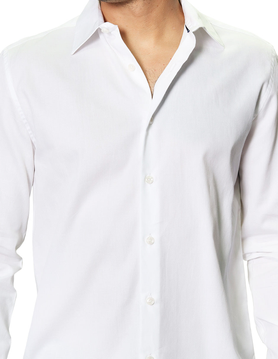 Camisas Para Hombre Manga Larga Micro Cuadros Jackard B45305 Blanco