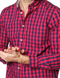 Camisas Para Hombre Bobois Moda Casuales De Manga Larga Con Estampado De Cuadros Grandes Cuello Americano Regular Fit B41219 Rojo