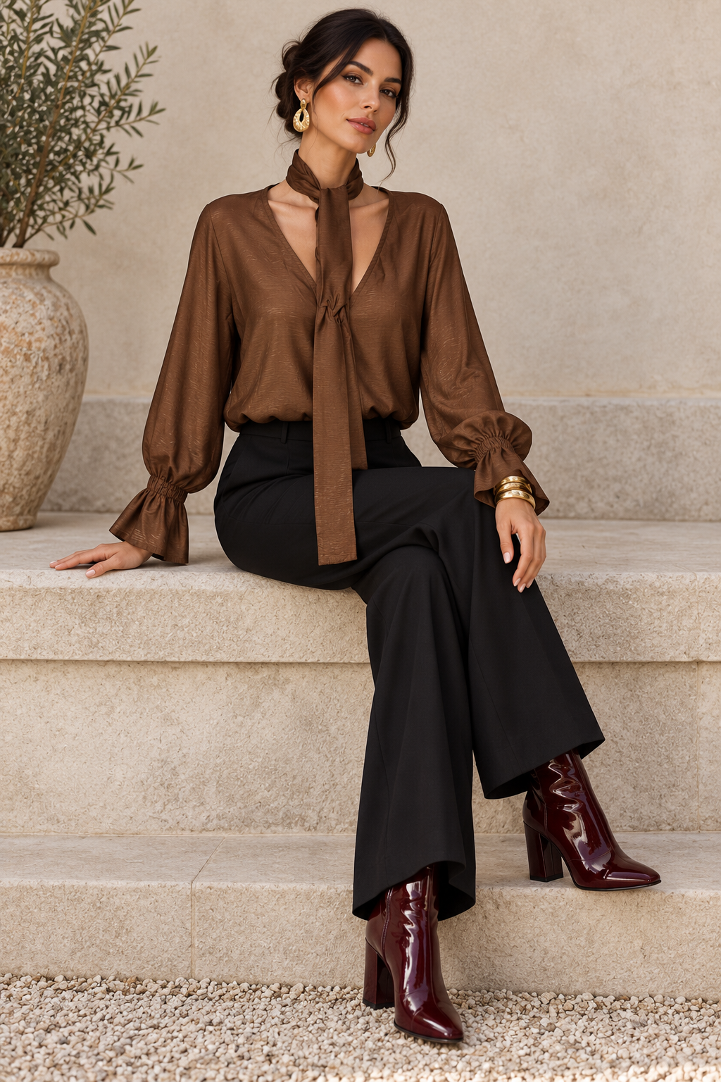 Blusas Para Mujer Con Lazo Al Cuello, Escote En V Y Manga Larga Con Olanes N63130 Café