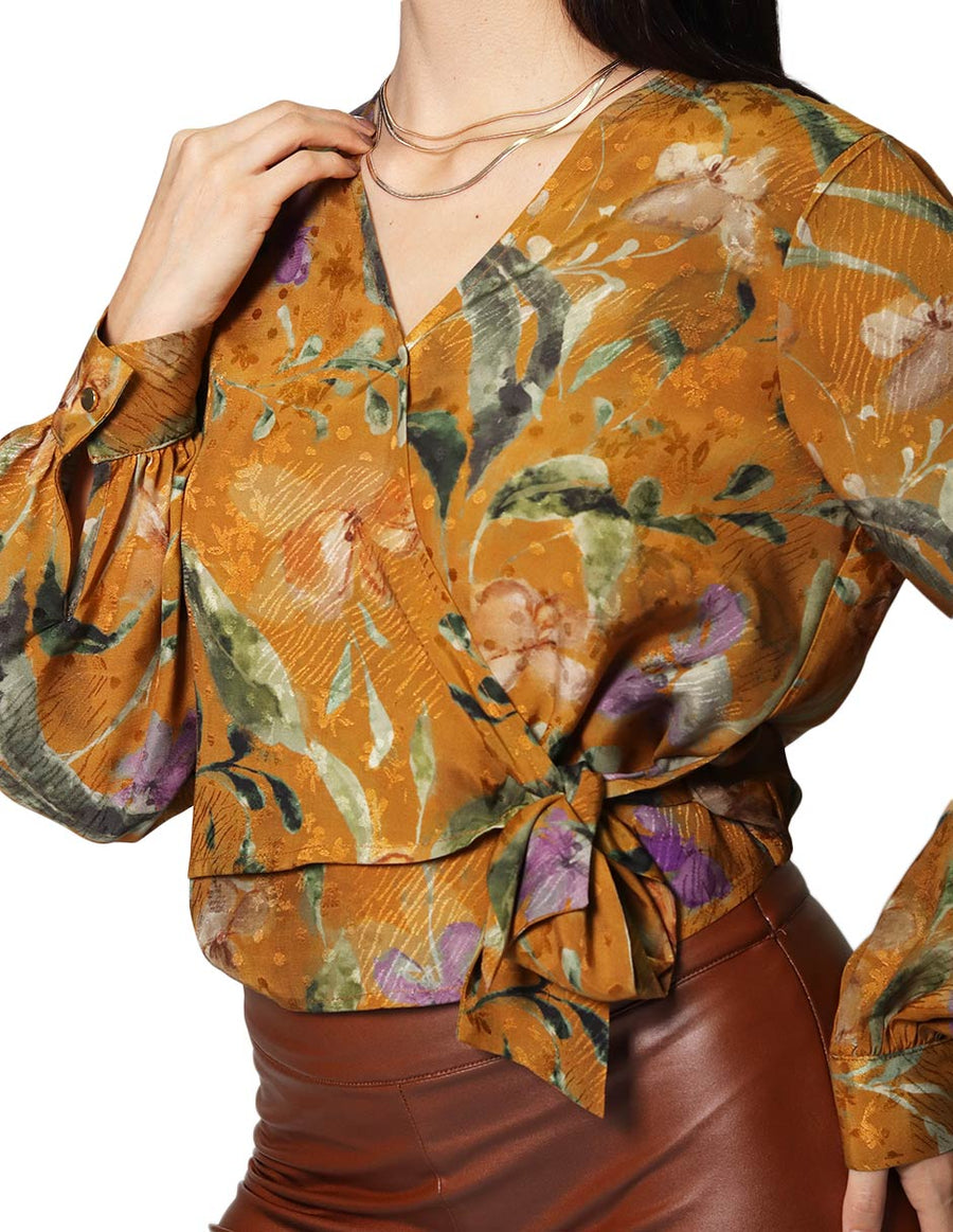 Blusas Para Mujer Bobois Moda Casuales Cruzada Estampado Floral Manga Larga N33112 Ocre