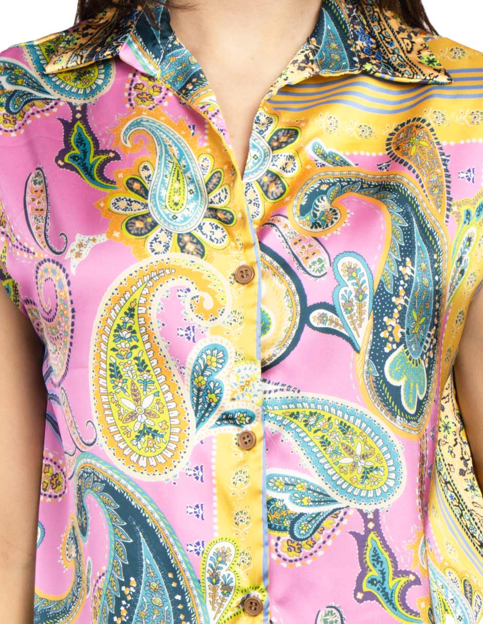 Blusas Para Mujer Camisera Paisley Satinada N51116 Rosa