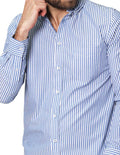 Camisas Para Hombre Bobois Moda Casuales De Manga Larga Cuello Americano Con Estampado De Rayas Regular Fit B41214 Azul