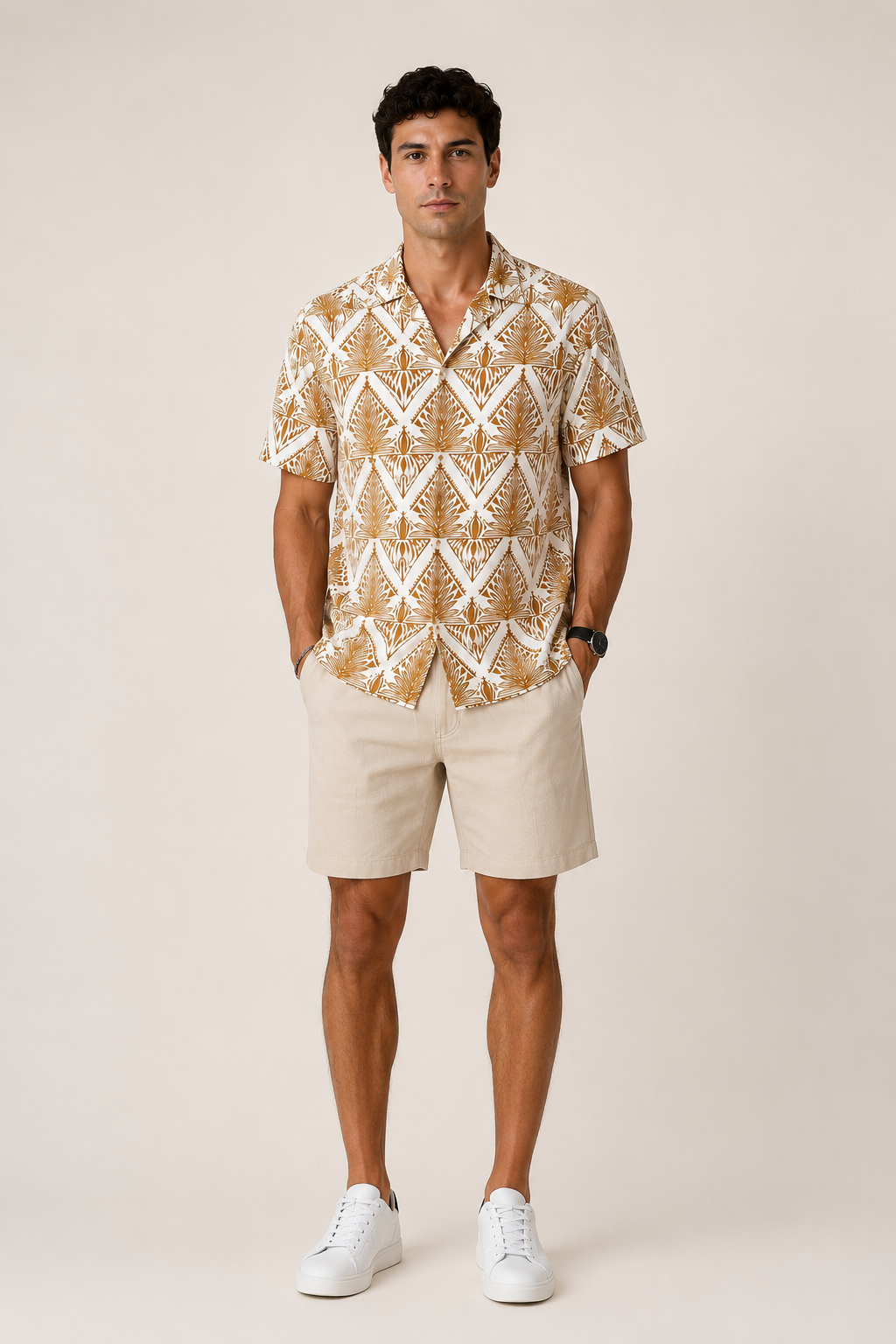 Camisas Para Hombre Manga Corta Estampado Tropical B51564 Ocre