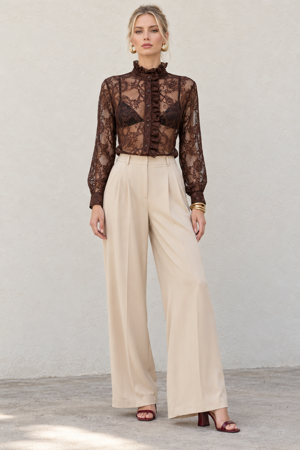 Blusas Para Mujer Camisera De Encaje Con Olanes N63105 Café