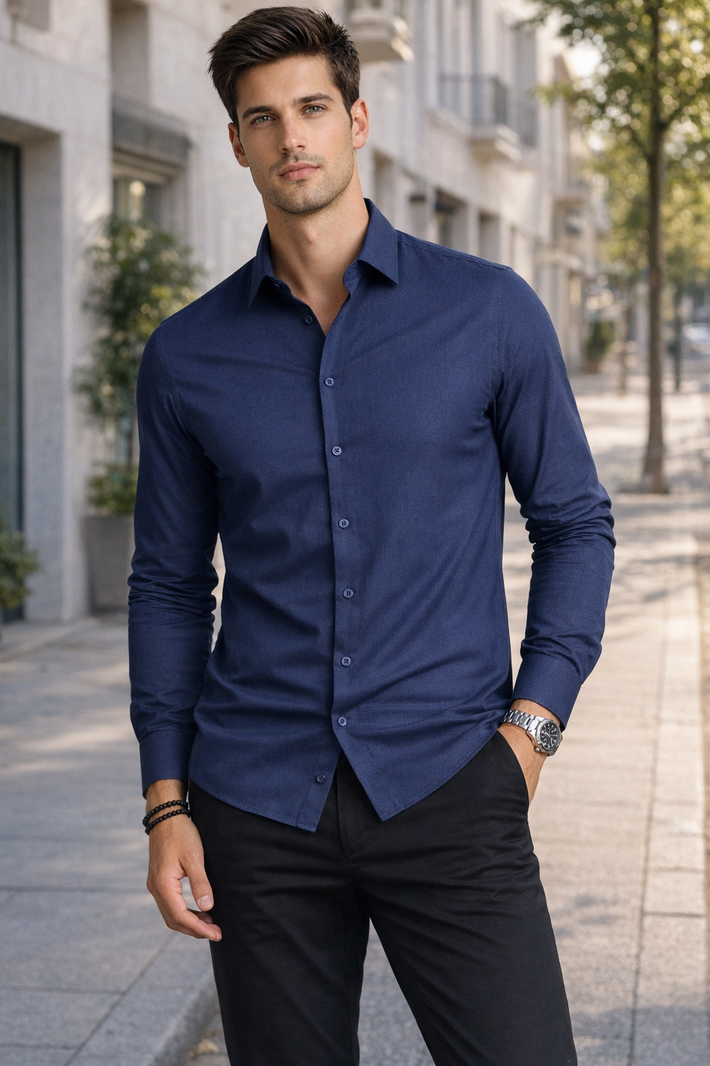 Camisa para Hombre Micropanal Antiarrugas B61403 Marino