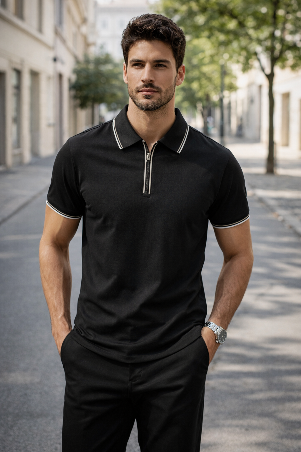 Playera Polo para Hombre Casual con Cierre Stretch Antiarrugas A61415 Negro